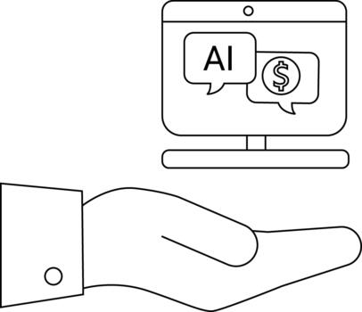 A hand is holding a screen displaying AI and suggesting a link between AI and money vector
