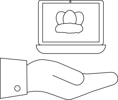 A laptop displays eggs on a nest resting above a palm in a minimalist monochrome drawing vector