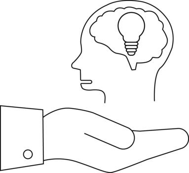 Line art shows a hand offering a head with a lightbulb in its brain vector