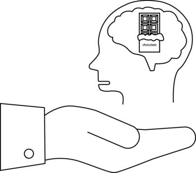 Head profile with a brain containing chocolate bar held by a hand vector
