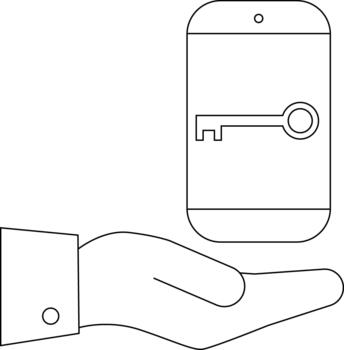 A line drawing shows a hand holding a smartphone displaying a key icon vector