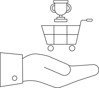 Line art showing a trophy above a shopping cart resting on an open hand vector