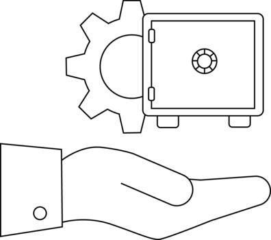 An open hand upholds a gear and safe in a line art style vector