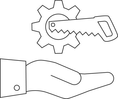 A hand supports a gear and saw a symbolic representation with clear lines vector