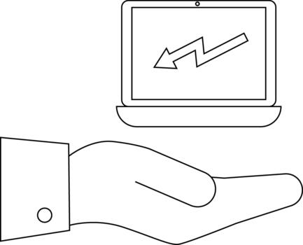 Laptop with arrow displayed on it being held in the palm of a hand vector