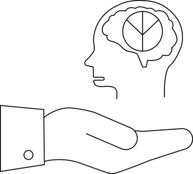 Outline hand holding head with pie chart in brain diagrammatic drawing vector