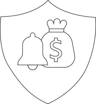 Outline Shield containing a bell and money bag icon rendered in a simplified line art style vector