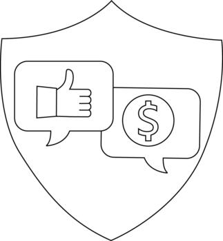A shield emblem containing a thumbs up in a speech bubble next to a speech bubble with a dollar symbol vector