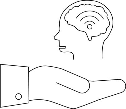 Outline depicts a head with a brain inside and signals in a hand vector