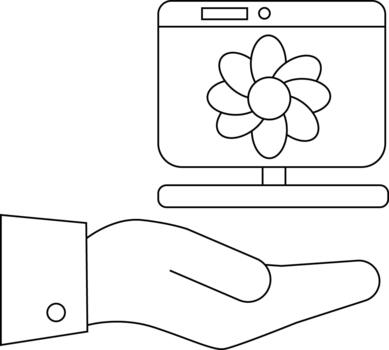 un mano aparece a ser participación un escritorio computadora con un flor en el pantalla vector