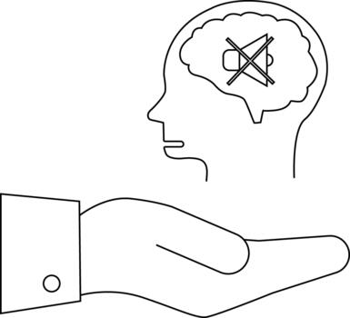 Outline of a head with a muted speaker in the brain held in a hand wearing a suit vector