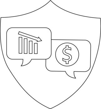 A shield holds two speech bubbles one shows a declining bar graph the other a dollar sign vector