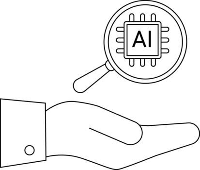 A hand holds a magnifying glass focusing on an AI chip depicted in a line drawing vector