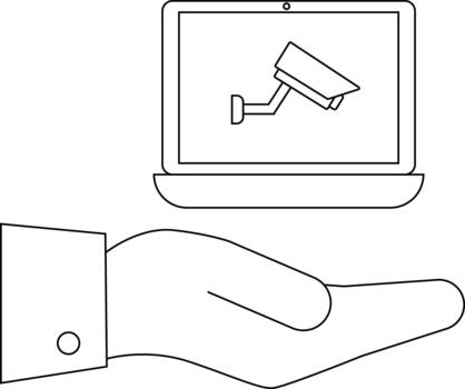 Outlined laptop screen displaying a security camera supported by a hand with a buttoned cuff vector