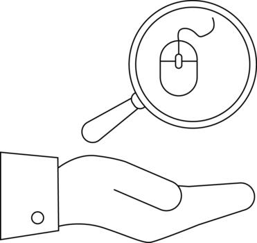 Hand holds a magnifying glass that focuses on a computer mouse vector