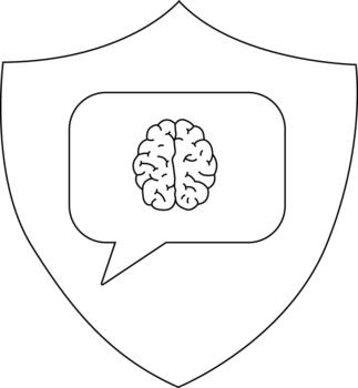 Line drawing of a brain inside a talk bubble set on a shield vector