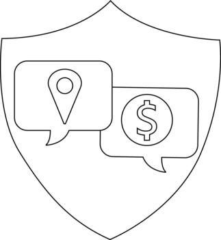 Shield icon features location pin and dollar sign speech bubbles vector