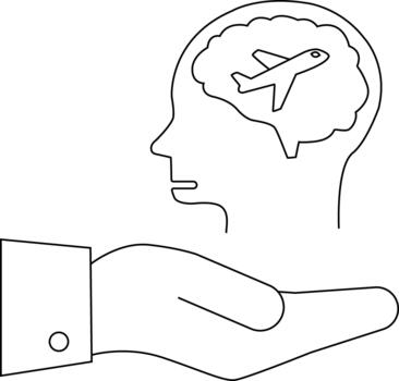 Line art displays a brain in a head with an airplane inside floating above an open hand in a suit vector