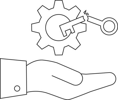Hand holding a broken key inserted into a gear vector