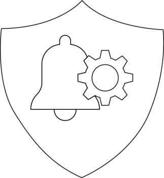 A shield containing a bell with a gear superimposed on it all in black outline vector