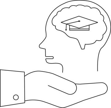 Line drawing shows a brain within a profile capped A hand in suit cuff offers support vector