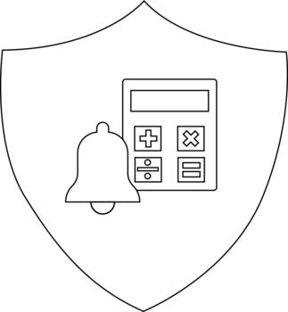 A shield outline with a calculator and a bell icon in the center vector