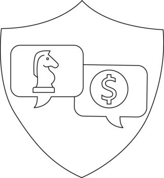 On a shield a knight chess piece in a speech bubble next to a dollar sign in another vector