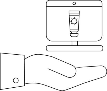 A digital image of a hand holding a screen with a lotion bottle graphic vector