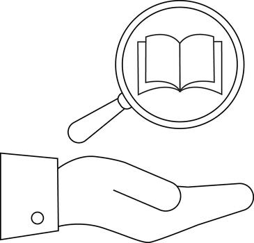 Outlined hand presents a magnifying glass revealing an open book inside vector