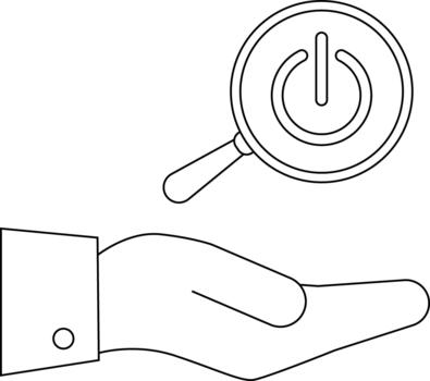 A hand holds a power button under a magnifying glass isolated and simple vector