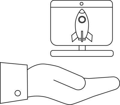 Hand with monitor displaying a rocket vector