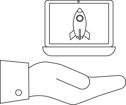 un ordenador portátil con un cohete desplegado en sus pantalla retenida en un mano vector