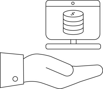 Outlined image displays a hand beneath a computer screen showing stacked coins suggesting digital finance or online transactions vector
