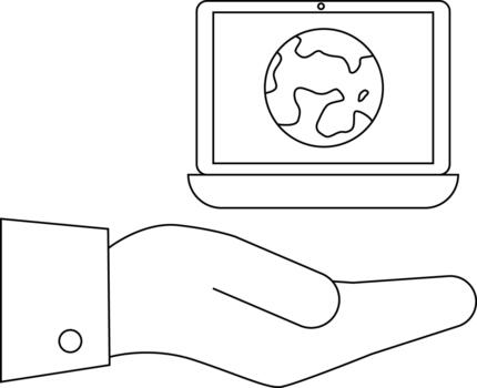 A hand holds a laptop with a globe depicted on its screen vector