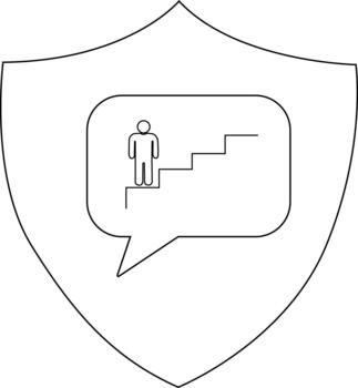 Line drawing of a shield containing a speech bubble with a person climbing steps vector
