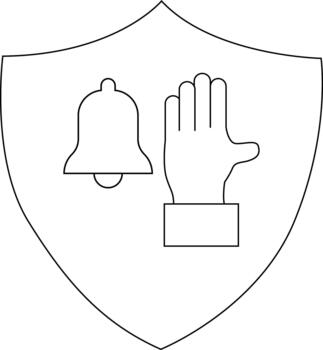 Shield features a bell and a hand with a cuff outlined in black vector