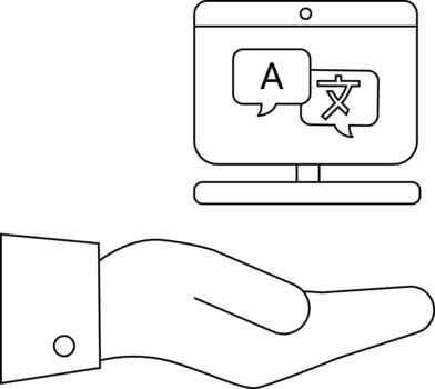 Hand holds screen showing speech bubbles with English and Asian characters for translation vector