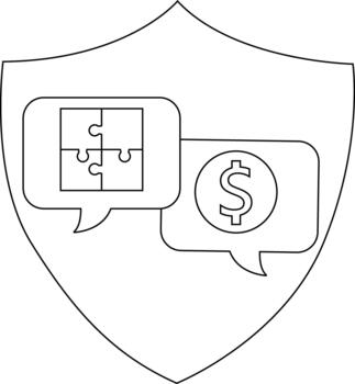 A shield contains two speech bubbles one with a puzzle and another with a dollar sign vector