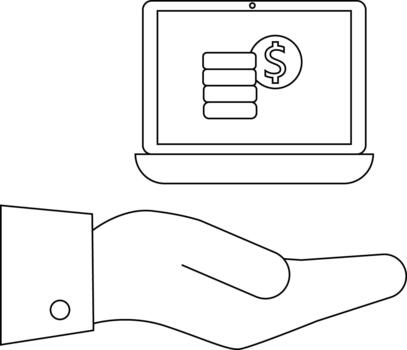A hand presents a laptop displaying a stack of coins with a dollar sign on top vector