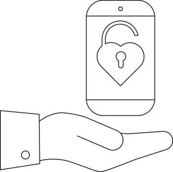 A stylized drawing features a hand offering a smartphone displaying an unlocked heartshaped padlock vector