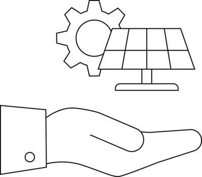 An open hand holds a solar panel with a gear behind it vector