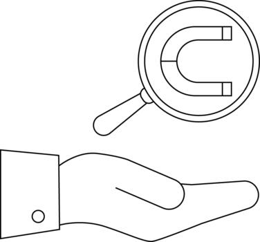 A hand holds a magnifying glass that frames a magnet within its view vector