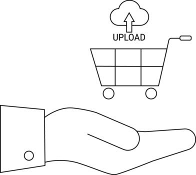 A shopping cart with an upload icon over a hand vector