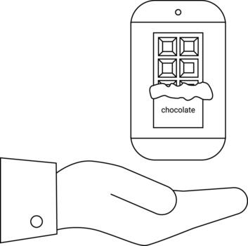 Line art depicts a hand presenting a phone displaying a chocolate bar image vector