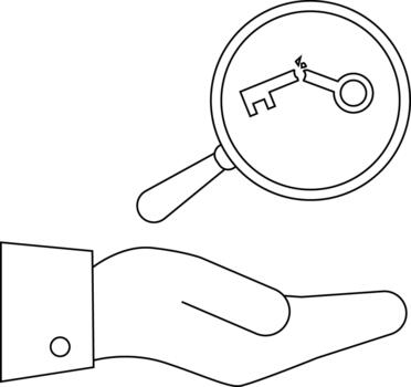 A hand holds a magnifying glass highlighting a broken key within its lens vector