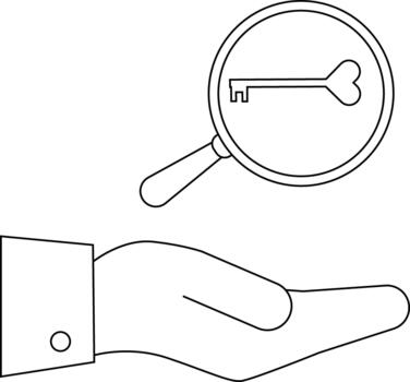 A hand holds a magnifying glass viewing a heartshaped key outlined in black and white vector