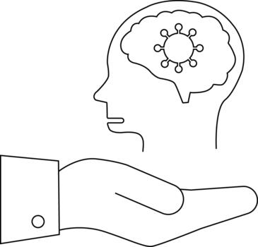Line art of a head with a brain and a virus inside Hand beneath vector