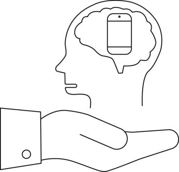 Stylized head profile with phone in brain above hand offering Minimalistic design vector