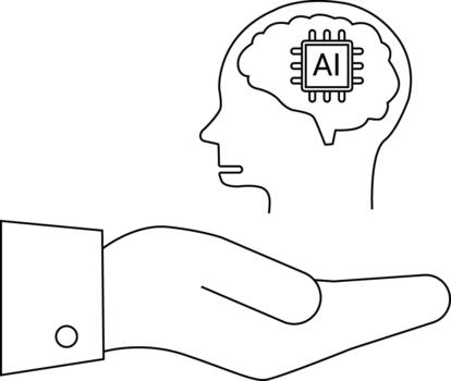 Line art depicts a hand holding a head with a brain containing a computer chip labeled AI vector