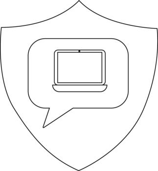 Shield outline featuring a chat bubble containing a laptop sketch vector